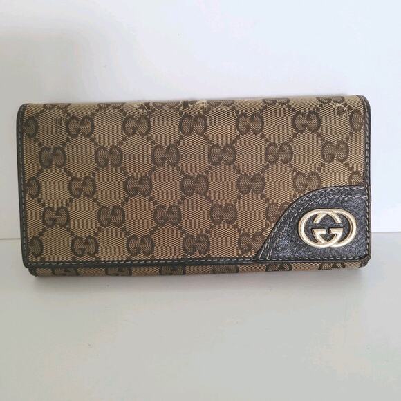 Fair GUCCI Interlocking Logo Envelope Wallet GG Canvas Brown Tan Clutch Large - Picture 1 of 11